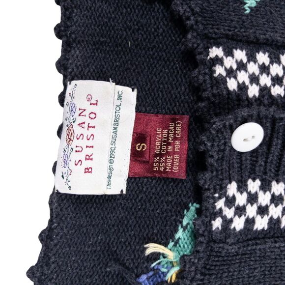 Vintage Susan Bristol Floral Checker Knit Cardigan Sweater S 90s Short Sleeve - Picture 6 of 6